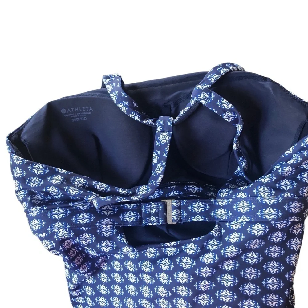 Athleta Tangier Tankini 36D/DD Blue Printed High Neck Swim Underwire Bra Cut Out